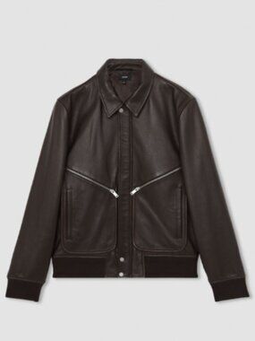 Reiss Chocolate Brown Burnished-Leather Zip-Through Jacket in Large